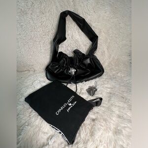 Charles & Kieth Women's Black Illustrated Heart Charm Ruched Hobo Bag